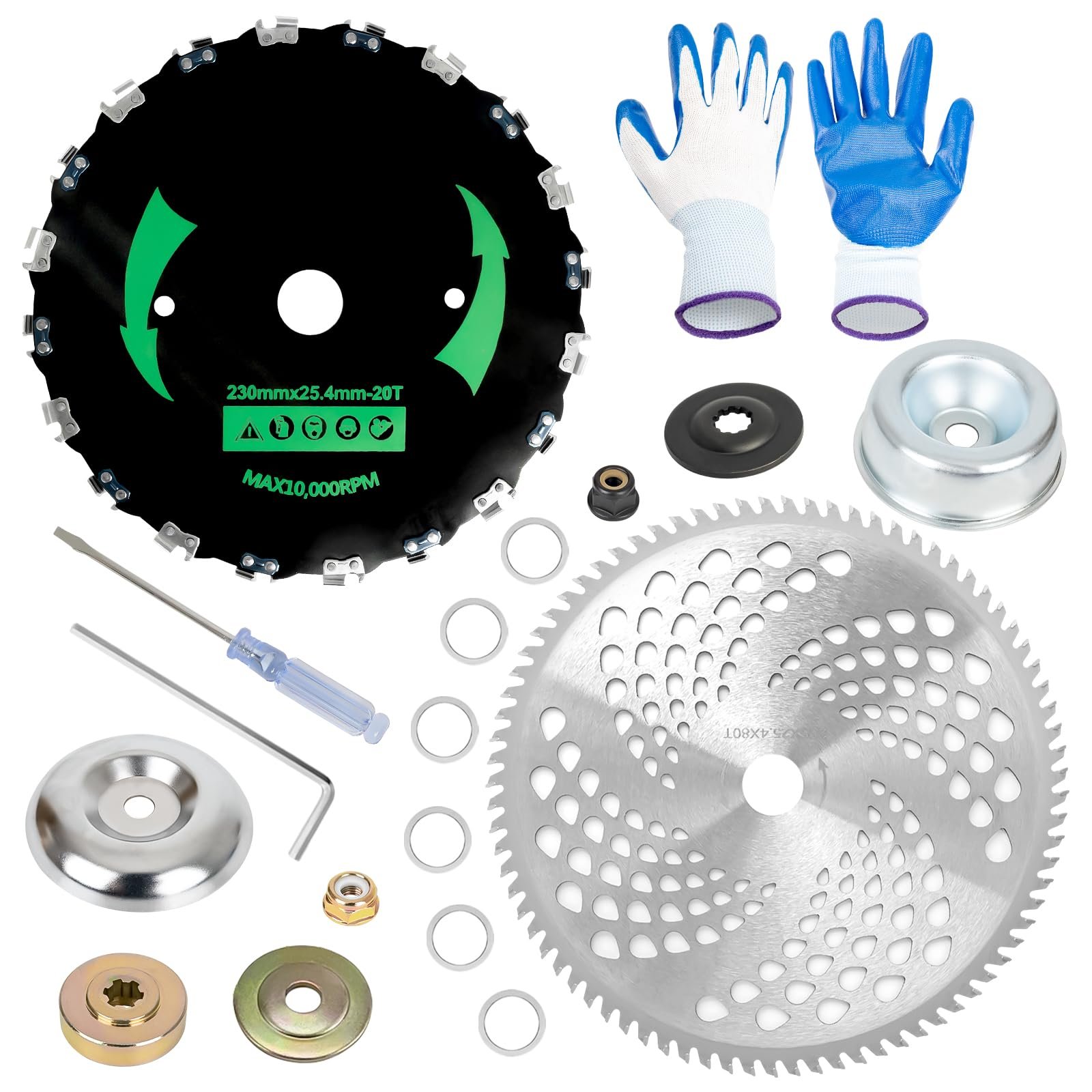 9” x 20T Chainsaw Tooth Brush Cutter Blades, 10" x 80 Teeth Carbide Weed Trimmer Eater Saw Blade with Universal Adapter Kits, 4 Washers for Brush Cutters, String Trimmers, and Weed Wreckers 2P