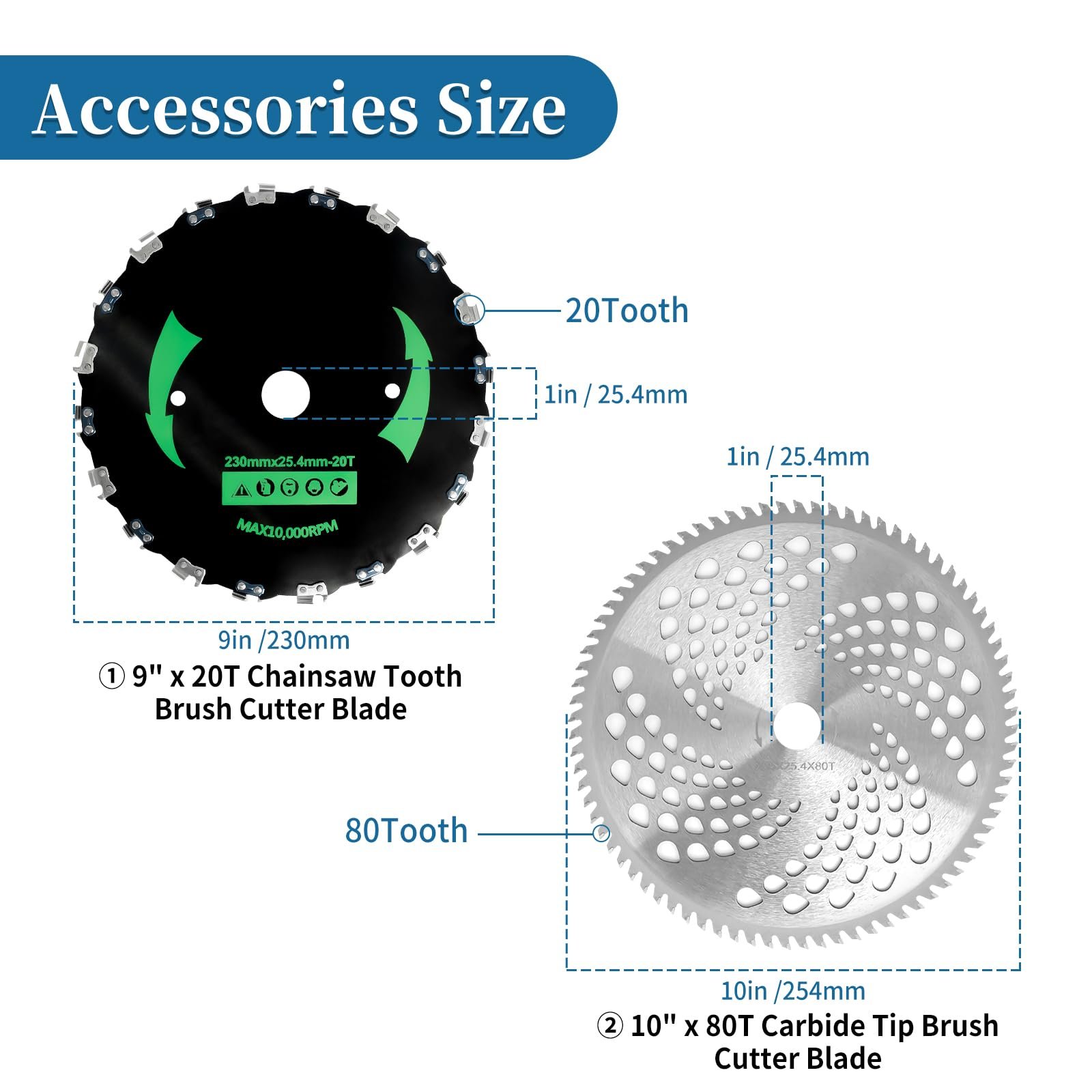 9” x 20T Chainsaw Tooth Brush Cutter Blades, 10" x 80 Teeth Carbide Weed Trimmer Eater Saw Blade with Universal Adapter Kits, 4 Washers for Brush Cutters, String Trimmers, and Weed Wreckers 2P - Image 2