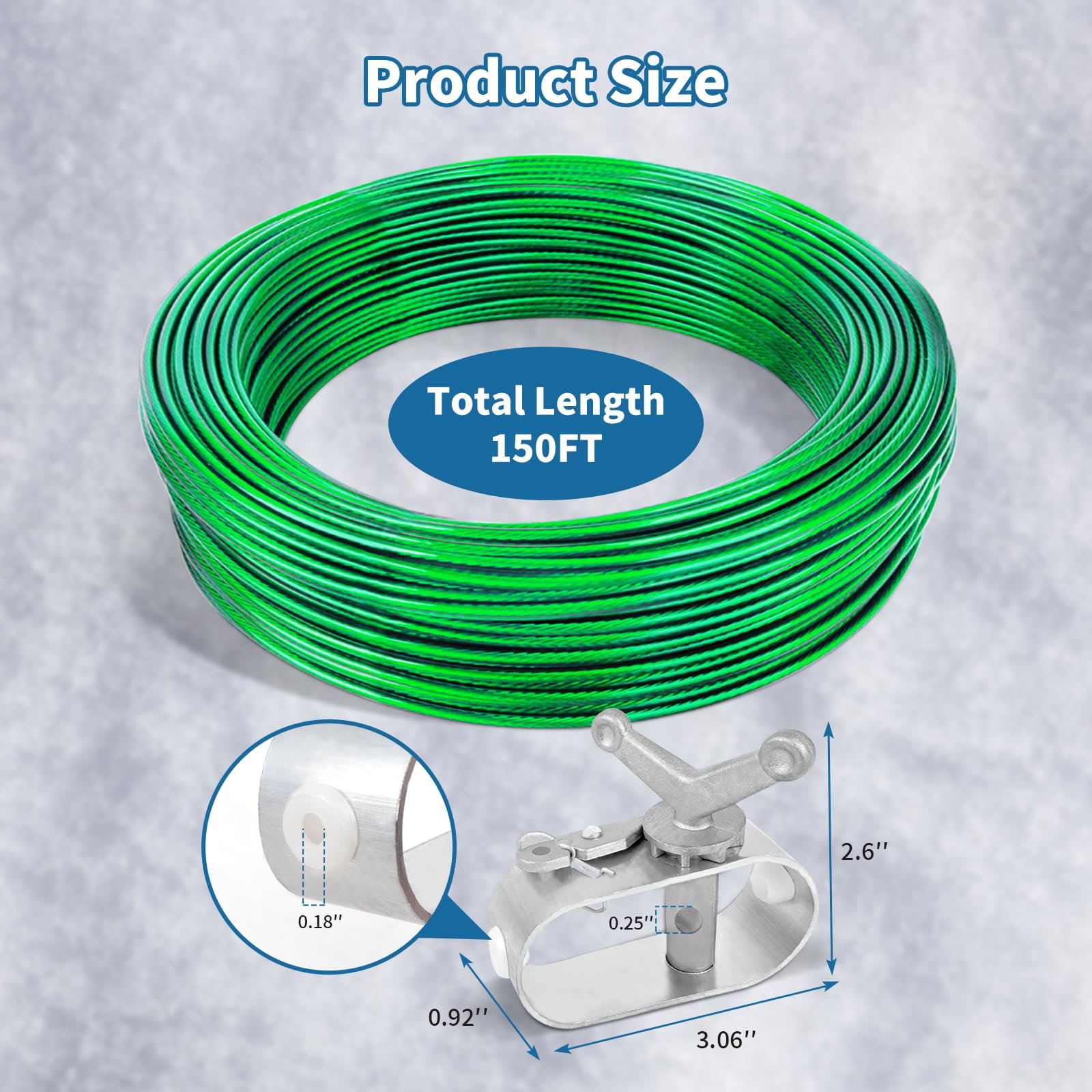 150ft Pool Cover Cable & 2 Winch Suitable for Above Ground Swimming Pool Plastic-Coated Steel Cable + Aluminum Spring Loaded Ratchet for Securing Above Ground Swimming Pool Covers (Green) - Image 2