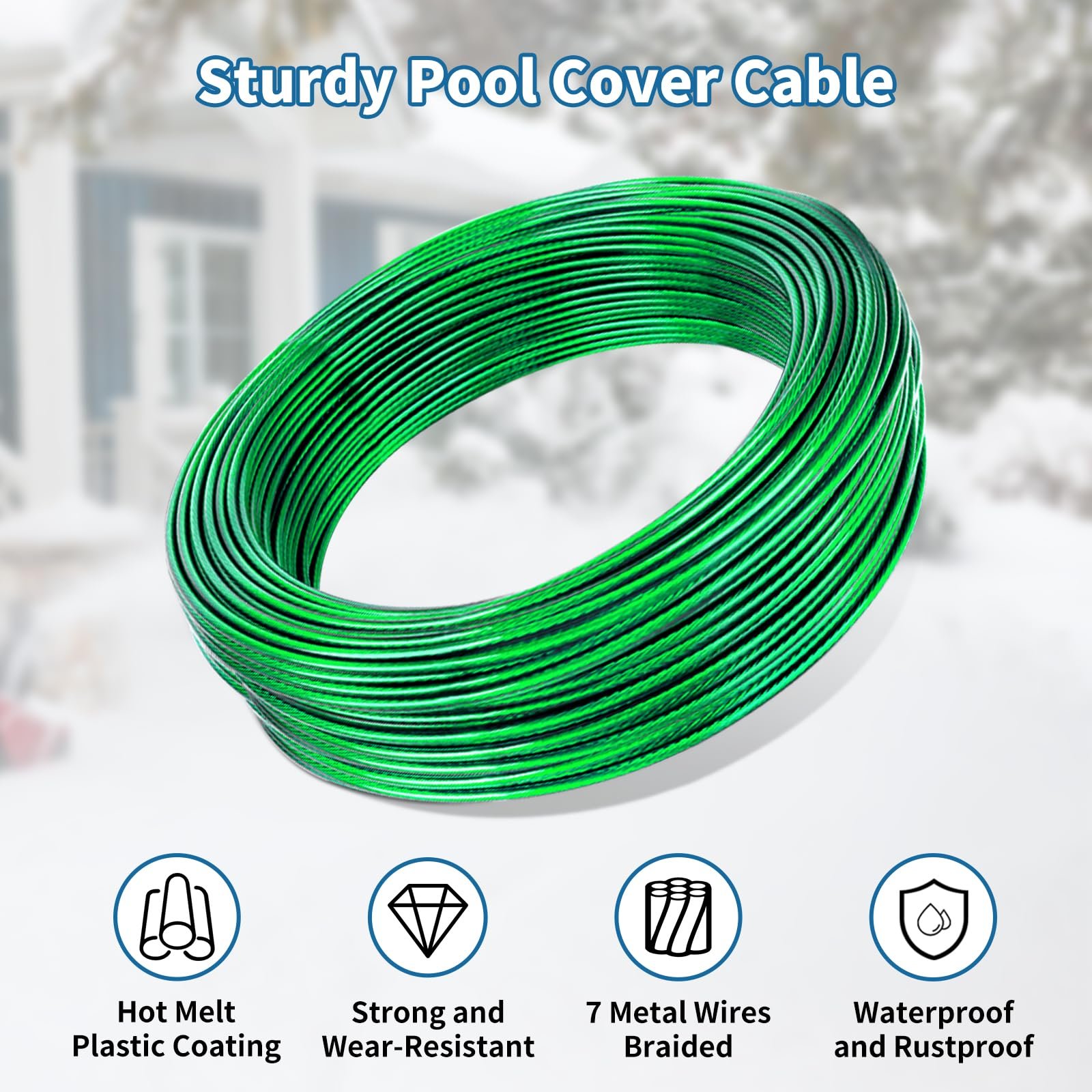 150ft Pool Cover Cable & 2 Winch Suitable for Above Ground Swimming Pool Plastic-Coated Steel Cable + Aluminum Spring Loaded Ratchet for Securing Above Ground Swimming Pool Covers (Green) - Image 3