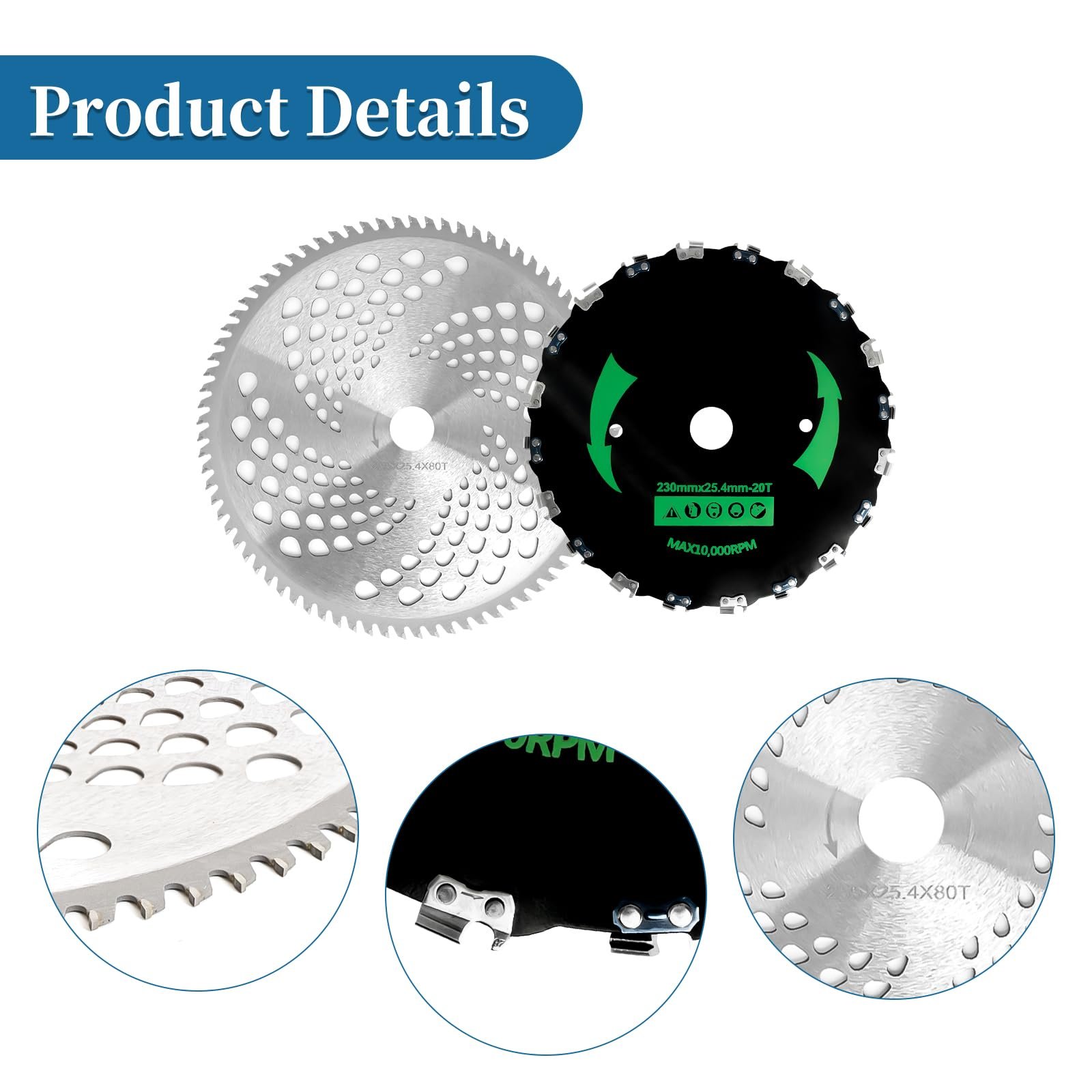 9” x 20T Chainsaw Tooth Brush Cutter Blades, 10" x 80 Teeth Carbide Weed Trimmer Eater Saw Blade with Universal Adapter Kits, 4 Washers for Brush Cutters, String Trimmers, and Weed Wreckers 2P - Image 4