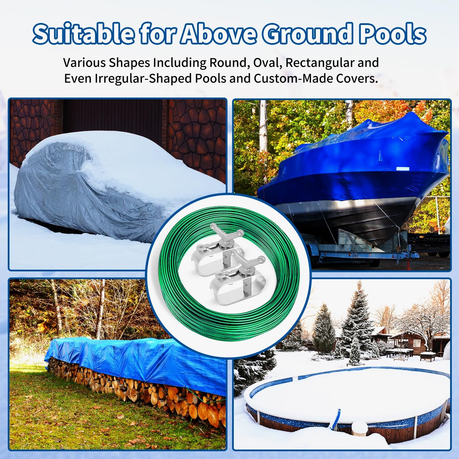 150ft Pool Cover Cable & 2 Winch Suitable for Above Ground Swimming Pool Plastic-Coated Steel Cable + Aluminum Spring Loaded Ratchet for Securing Above Ground Swimming Pool Covers (Green) - Image 6